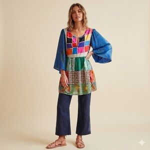 Nuuly x Place Nationale One Of A Kind Kaftan Tunic Silk Scarves Boho Top